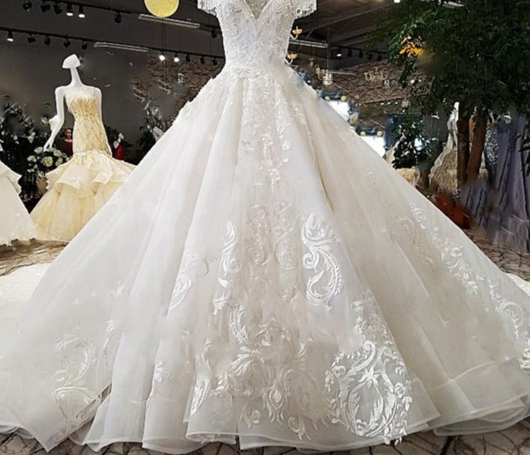 o-neck lace cap sleeve tassel long train lace wedding dress