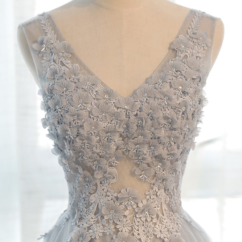 gray 3d flower applique women's elegant v neck bridesmaid dress - Image 6