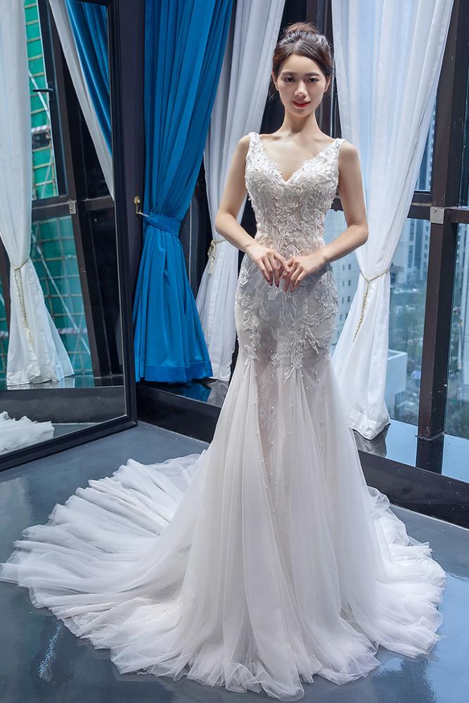 wedding dress princess white mermaid beach deep v neck wedding dress - Image 5