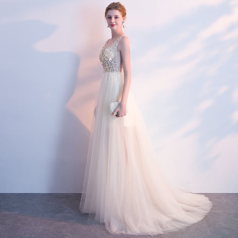 v neck beaded lace evening dress patterns long evening gown - Image 6