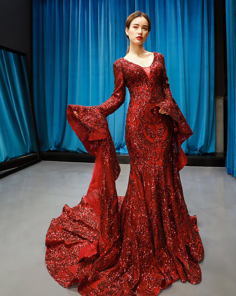 V-neck long puffy sleeves sexy red new arrival spring special mermaid evening dresses - Image 4