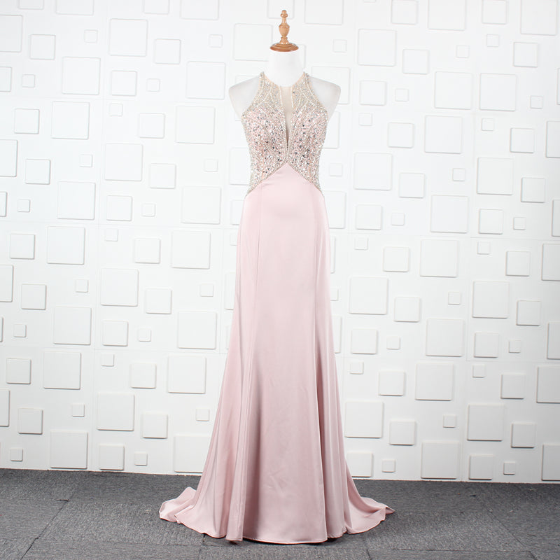 Pink Halter Necklace Beading Sheath Evening Dresses