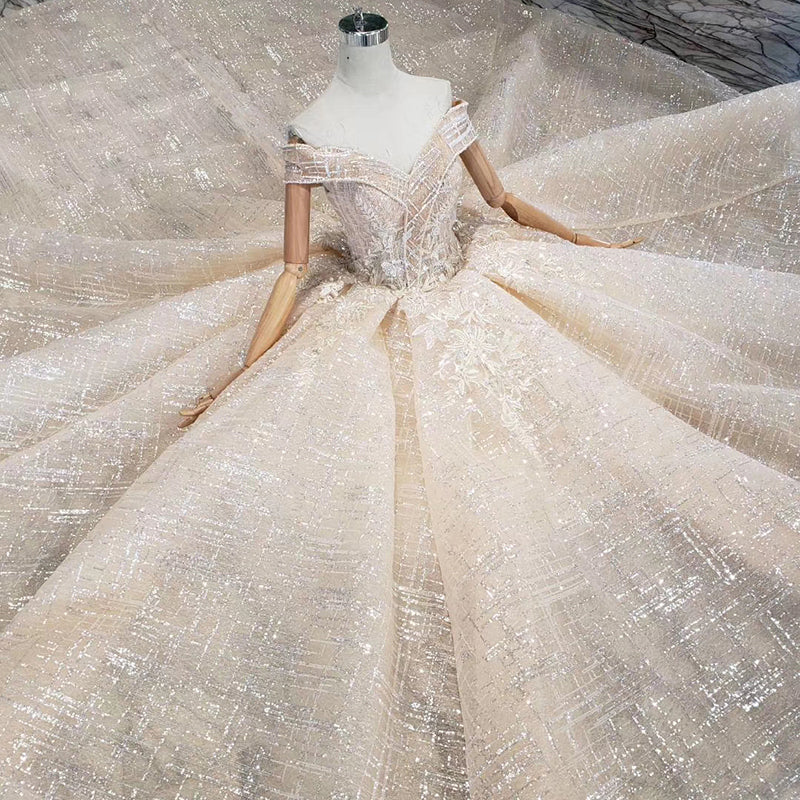 off the shoulder v neck women ivory long royal train dress bridal gowns