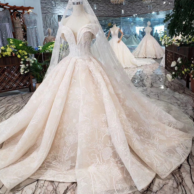 off shoulder v neck elegant lace ball gown wedding dress