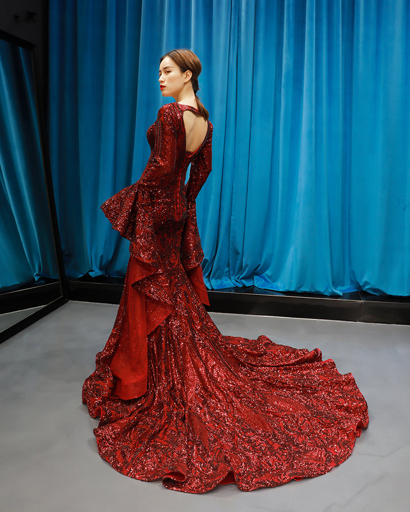 V-neck long puffy sleeves sexy red new arrival spring special mermaid evening dresses - Image 5