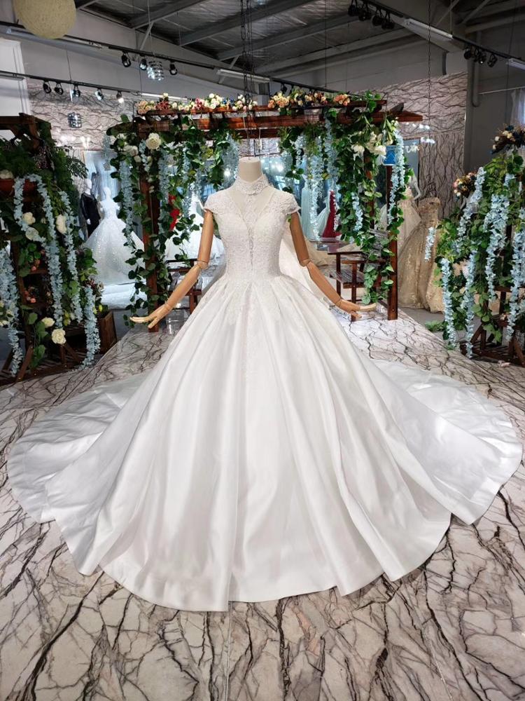 high neck cap sleeves satin cinderella luxury wedding gowns - Image 4