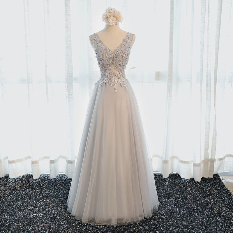 gray 3d flower applique women's elegant v neck bridesmaid dress - Image 5