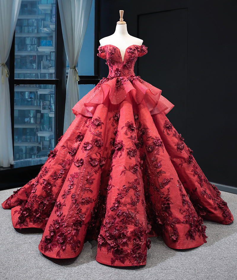 3d flower applique off shoulder vestidos elegantes de fiesta red prom dress evening gown