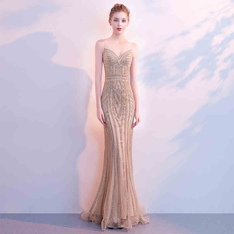 champagne long dress elegant sexy fancy evening dress mermaid