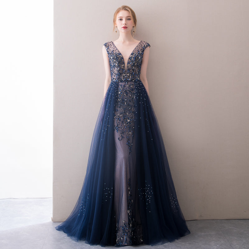 beaded navy sequin dress v neck sexy long evening dress