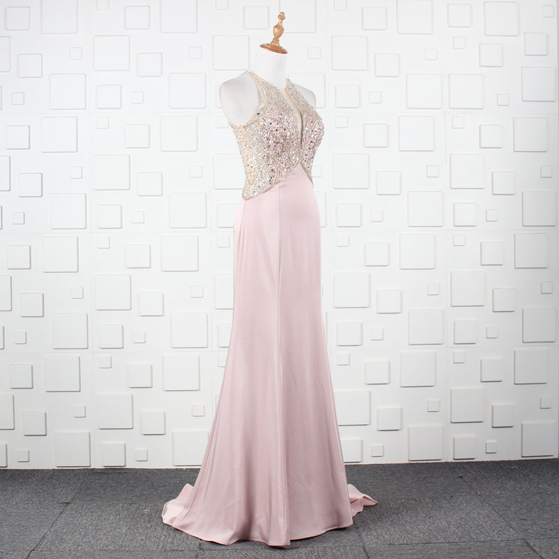 Pink Halter Necklace Beading Sheath Evening Dresses - Image 4