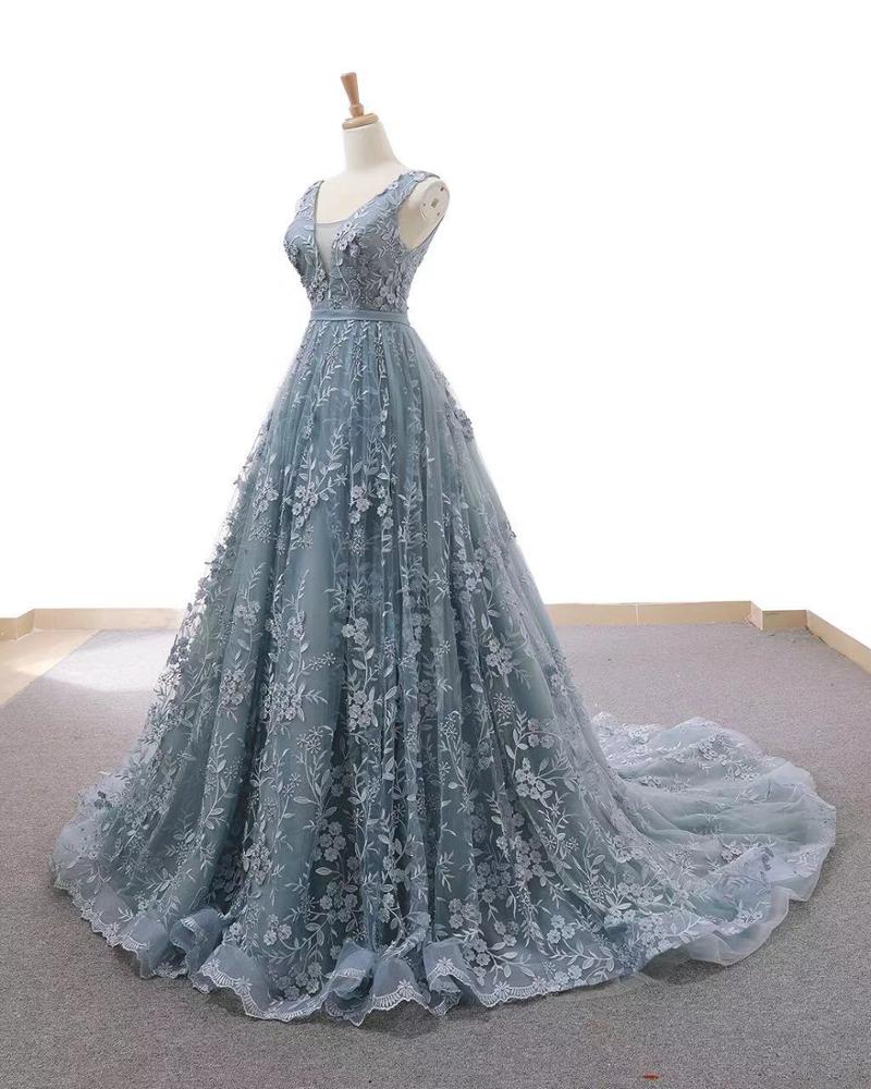 real sexy blue v neck late design long evening prom gown - Image 6