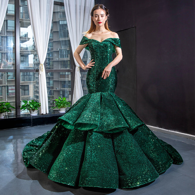 adult birthday party dresses mermaid evening dresses cut sequin green evening gowns - Image 5