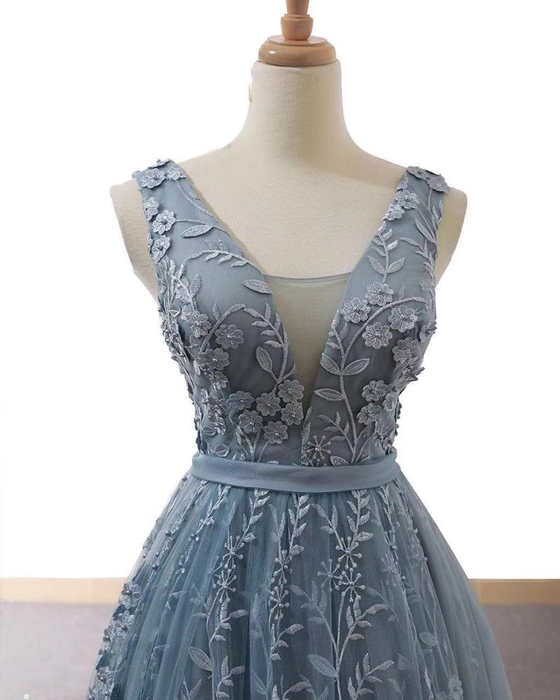 real sexy blue v neck late design long evening prom gown - Image 3
