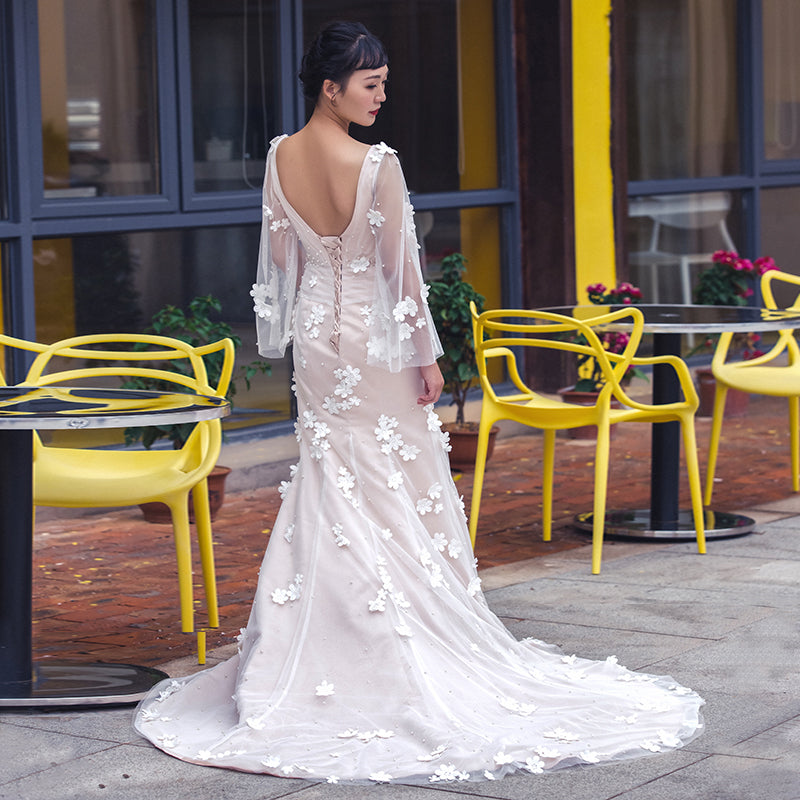real v neck long sleeves 3D flower romantic mermaid vintage wedding dress - Image 6