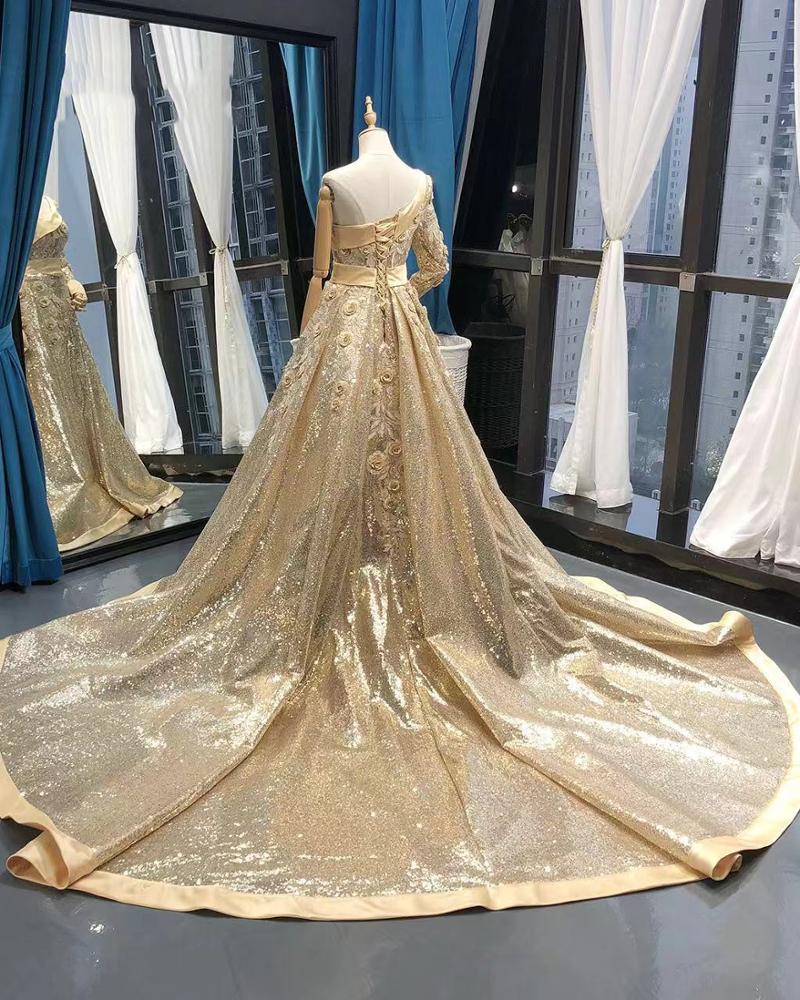 golden 3d flower long sleeve one shoulder dress mermaid evening gown with detachable train - Image 6