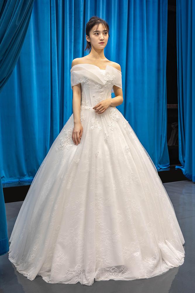 off shoulder white pattern lace up back elegant custom made wedding dress