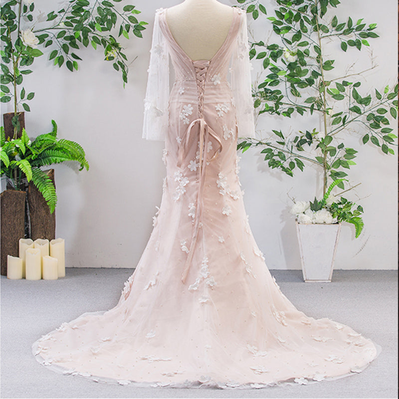 real v neck long sleeves 3D flower romantic mermaid vintage wedding dress - Image 4