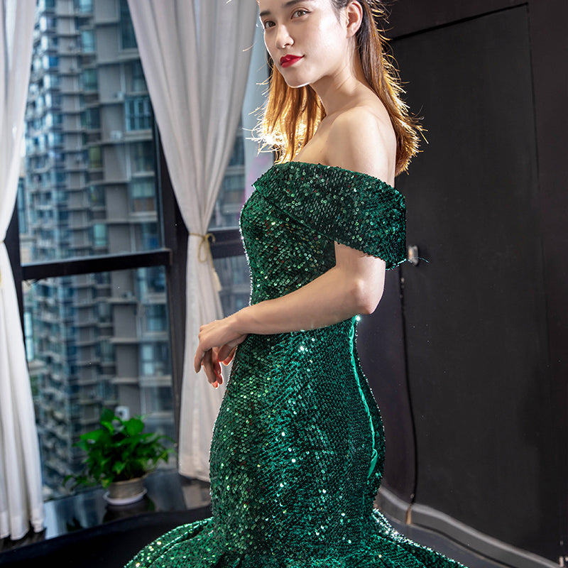 adult birthday party dresses mermaid evening dresses cut sequin green evening gowns - Image 2