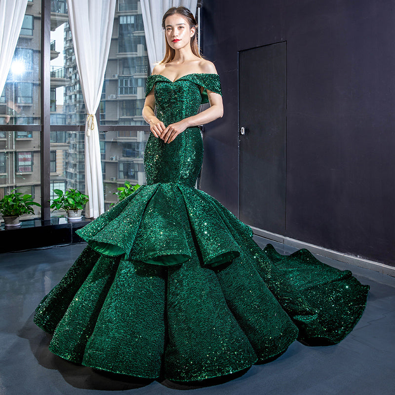 adult birthday party dresses mermaid evening dresses cut sequin green evening gowns - Image 3