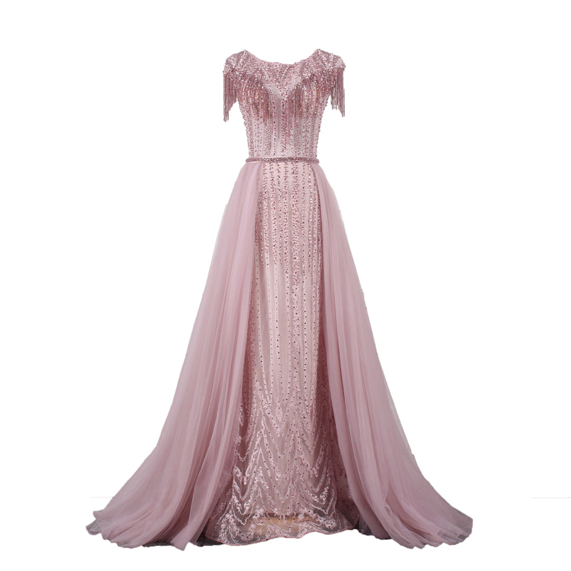 Beautiful O Neck Cap Sleeve Heavy Beaded Tassel Sexy Evening Dinner Dress