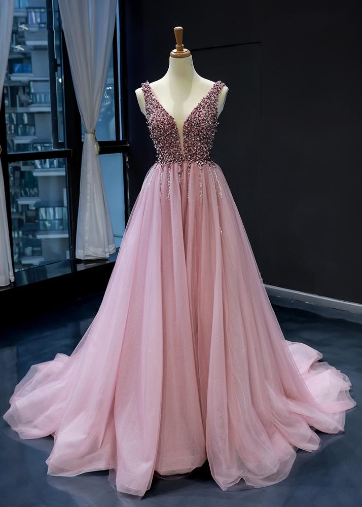 pink beaded luxury evening dress