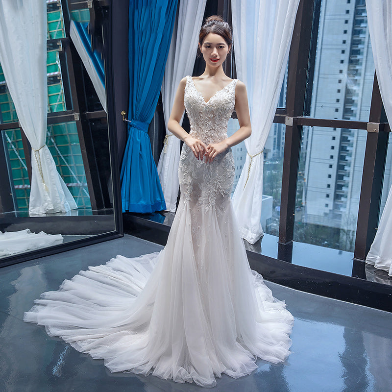wedding dress princess white mermaid beach deep v neck wedding dress - Image 4