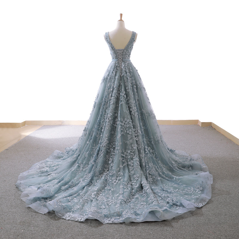 real sexy blue v neck late design long evening prom gown - Image 5
