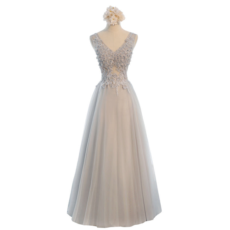 gray 3d flower applique women's elegant v neck bridesmaid dress - Image 2
