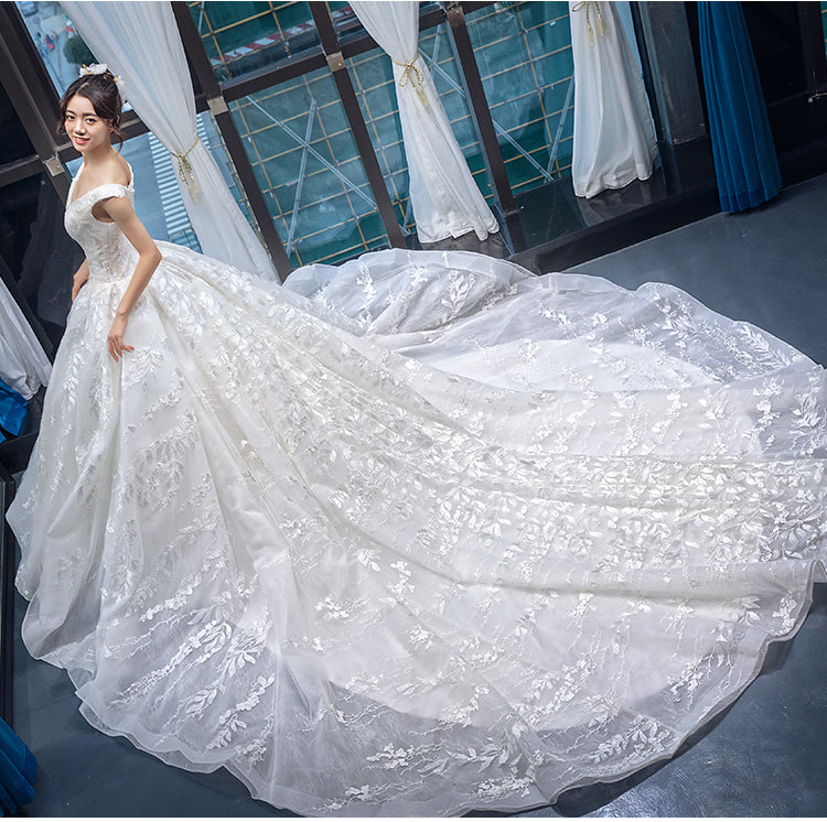 real high quality v neck luxury heavy applique wedding gown dress bridal with long train