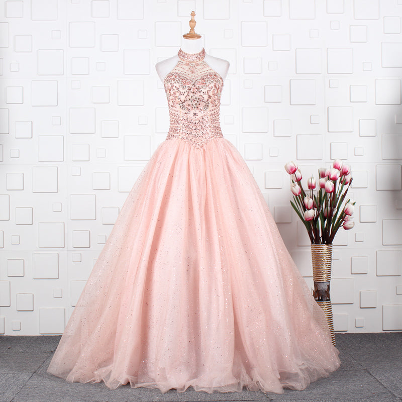 Custom pink halter elegant beaded ball gown long Prom Quinceanera Dress