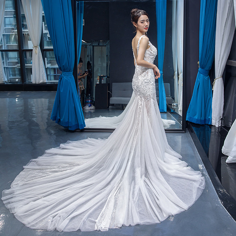 wedding dress princess white mermaid beach deep v neck wedding dress