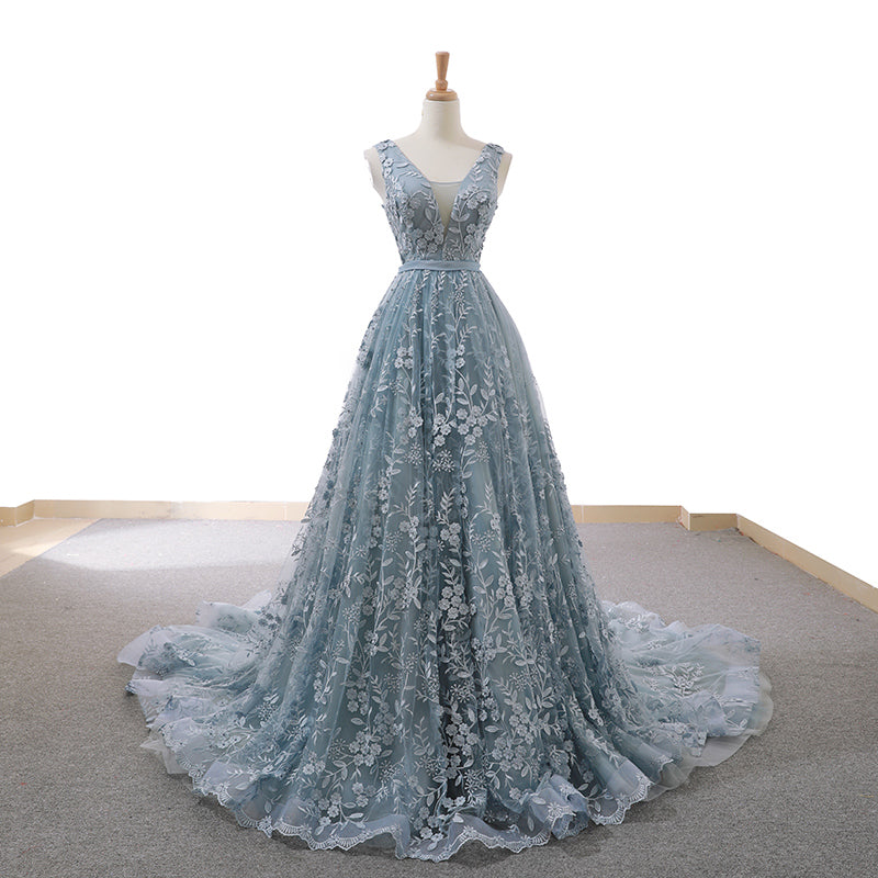 real sexy blue v neck late design long evening prom gown - Image 7