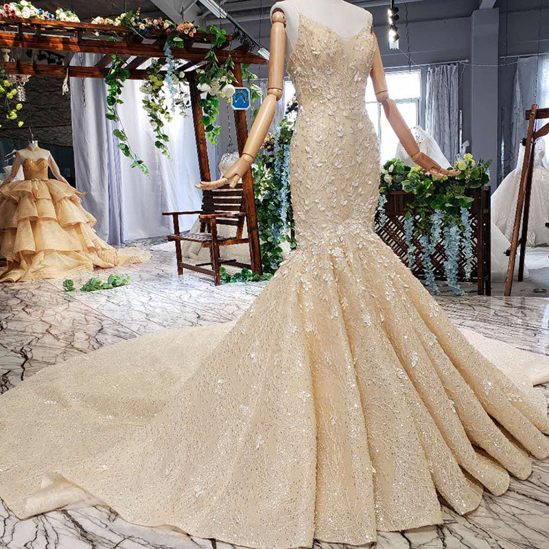 Crystal Design Champagne Prom Dress Mermaid Wedding Dresses