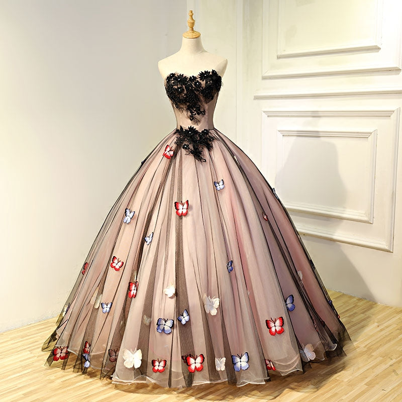 black appliques 3d butterfly pattern sweetheart beauty elegant women evening gowns dresses