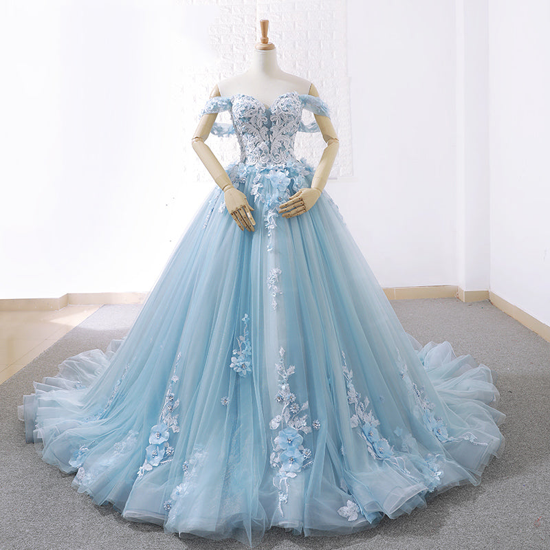 high quality off shoulder ball gown light blue hot lace evening dress