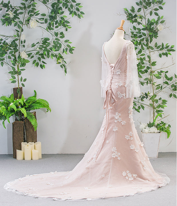 real v neck long sleeves 3D flower romantic mermaid vintage wedding dress - Image 3