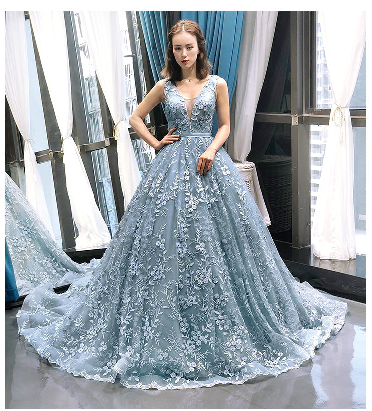 real sexy blue v neck late design long evening prom gown - Image 2