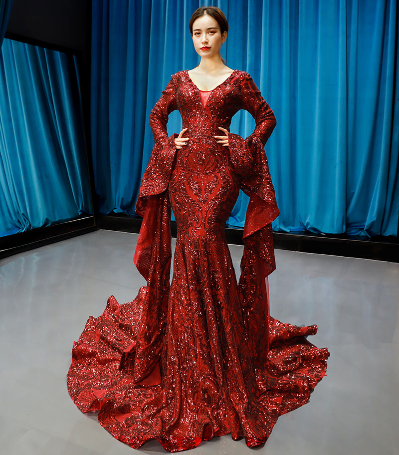 V-neck long puffy sleeves sexy red new arrival spring special mermaid evening dresses - Image 2