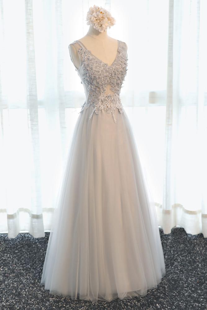 gray 3d flower applique women's elegant v neck bridesmaid dress