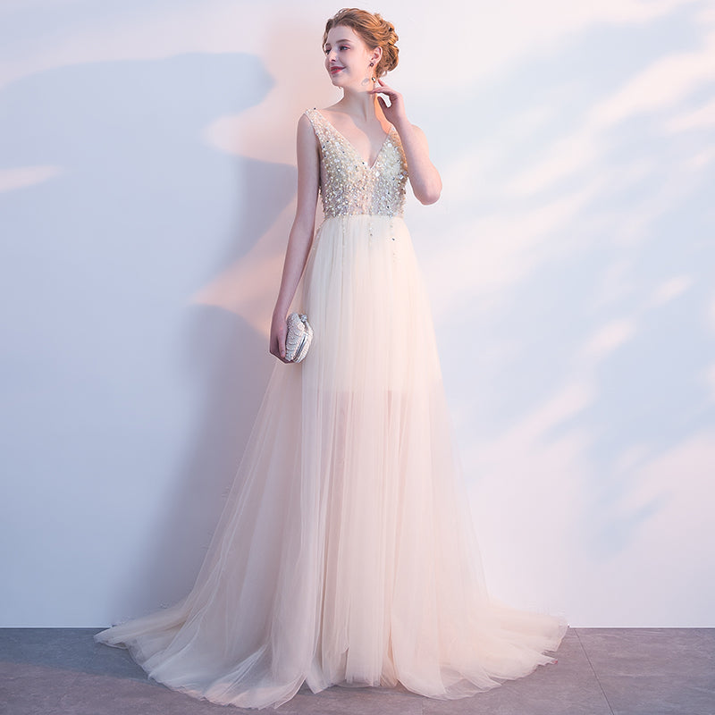 v neck beaded lace evening dress patterns long evening gown - Image 3