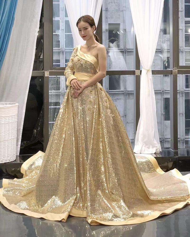 golden 3d flower long sleeve one shoulder dress mermaid evening gown with detachable train - Image 2