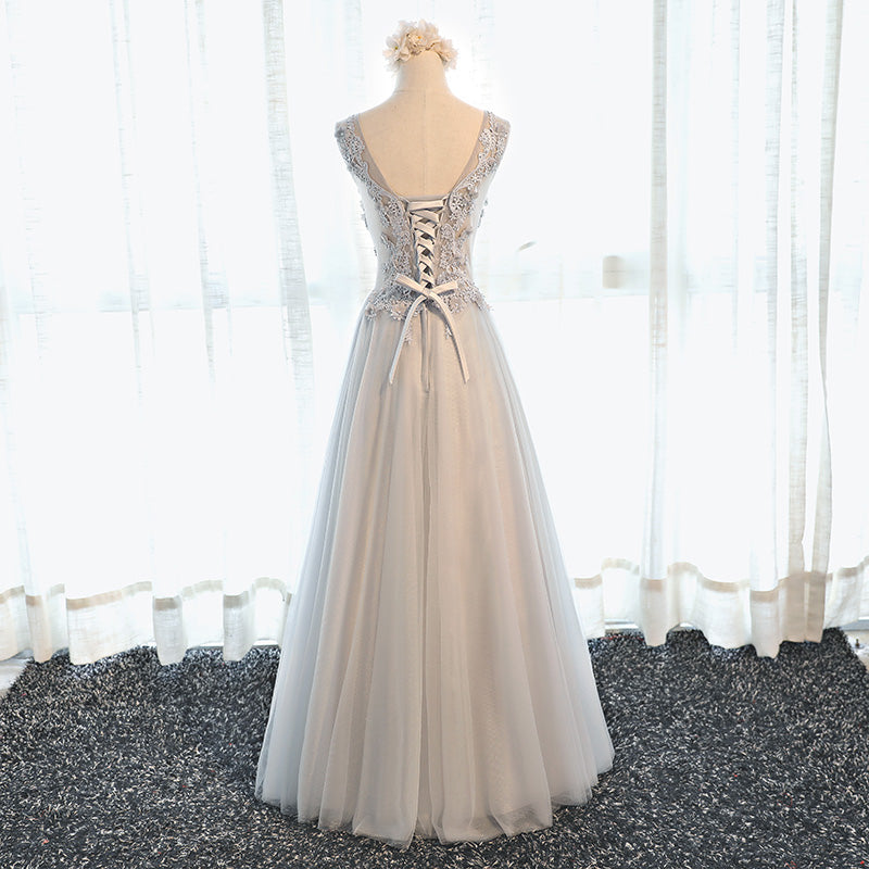 gray 3d flower applique women's elegant v neck bridesmaid dress - Image 3