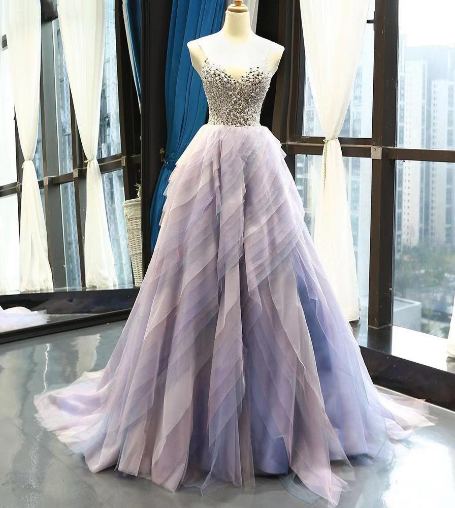Gradient color sexy spaghetti strap beaded real sample ruffle lace long party dresses