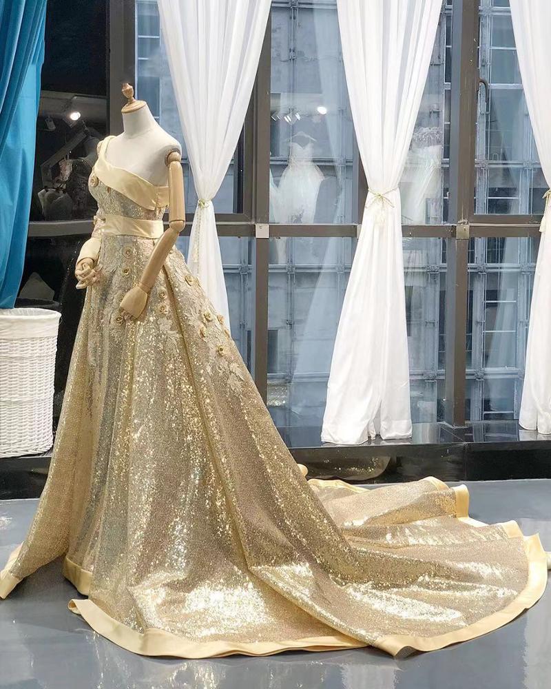 golden 3d flower long sleeve one shoulder dress mermaid evening gown with detachable train - Image 7