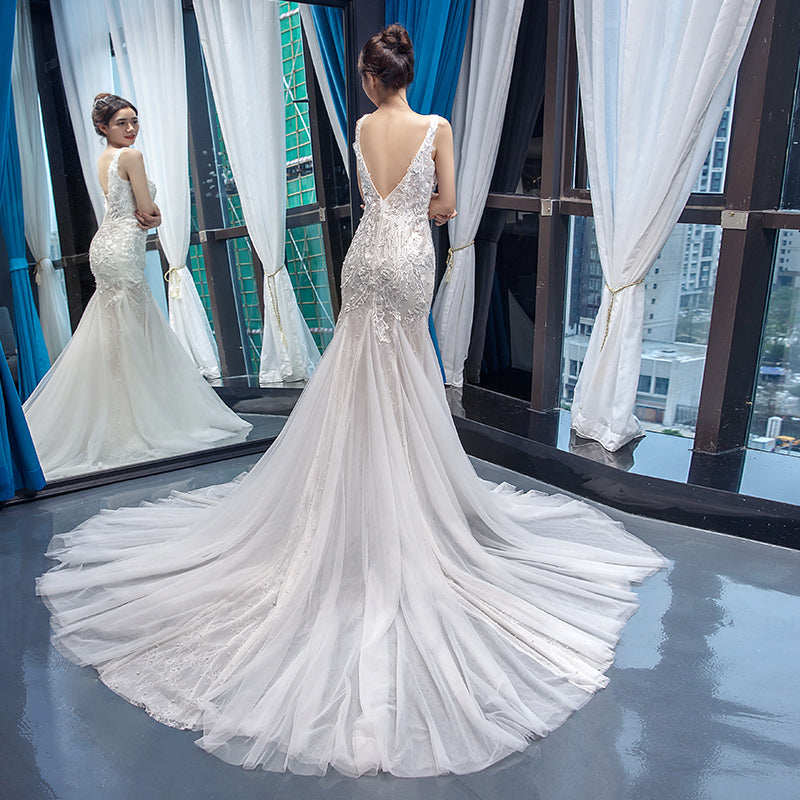 wedding dress princess white mermaid beach deep v neck wedding dress - Image 6