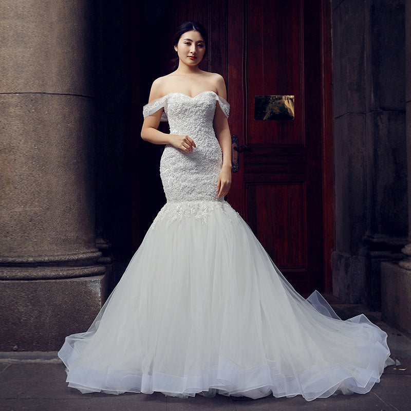 sweetheart sexy off shoulder ivory mermaid elegant luxury wedding bridal dresses - Image 2