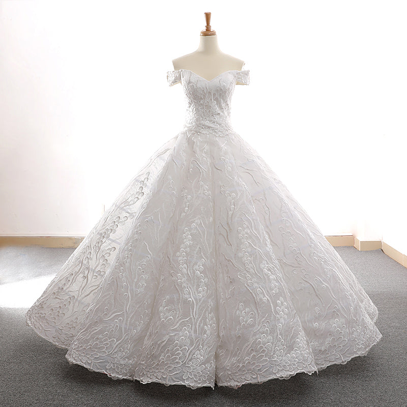 high quality luxury elegant v neck off shoulder white ball gown wedding dress