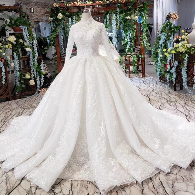 Lace High Neck Long Sleeves Ball Gown Wedding Dress