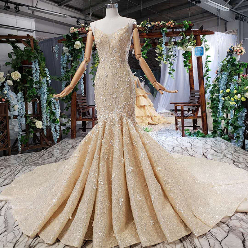 Crystal Design Champagne Prom Dress Mermaid Wedding Dresses - Image 3